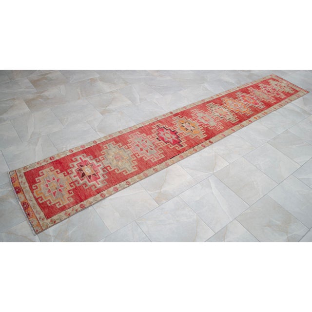 Red Hand-Knotted Narrow Runner Turkish Rug Hallway Decor- 2'1' X 12'3' For Sale - Image 8 of 15