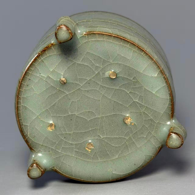 Ceramic Chinese Celadon Tripod Censer, Elegant Crackle‑Glaze Ribbed Collectible Vessel For Sale - Image 7 of 7