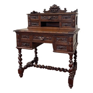 Antique French Petite Barley Twist Desk Carved Oak Renaissance Revival c.1890 For Sale
