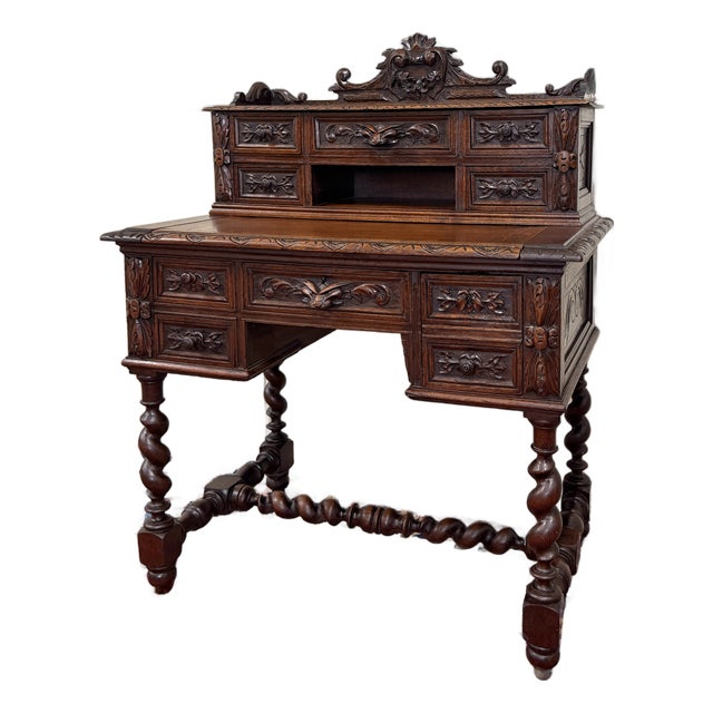 Antique French Petite Barley Twist Desk Carved Oak Renaissance Revival c.1890 For Sale