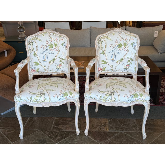 French Louis XV-Style Floral Upholstery Armchairs, Pair For Sale - Image 3 of 18