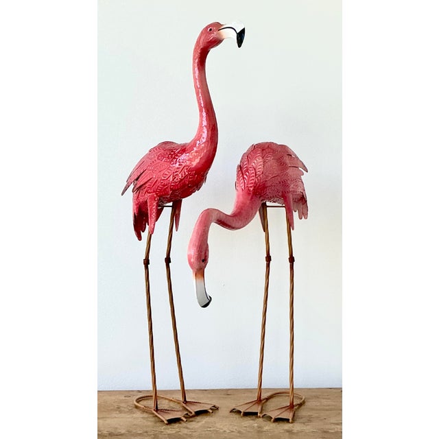 Metal Vintage Boho Painted Metal Flamingos - Set of 2 For Sale - Image 7 of 12