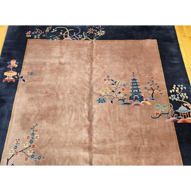 Vintage Hand-Knotted Chinese Art Deco Rug, Wool Pagoda Floral Motif, 9' x 12' For Sale - Image 10 of 17