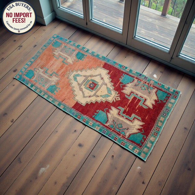 Textile 1960s Hand Knotted Small Oushak Rug Mini Rug Mat Entry Decor Bath Mat - 1'8" X 3'7" For Sale - Image 7 of 14