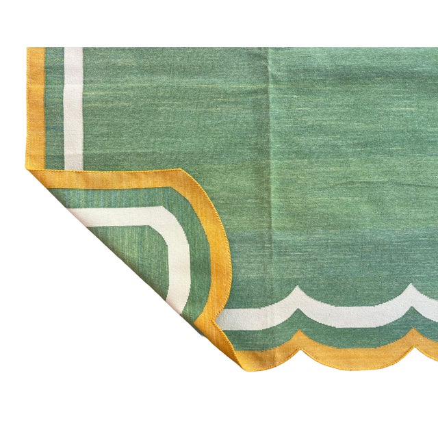 Handmade Cotton Area Scalloped Dhurrie, Moss Green, Cream and Mustard Border Rug-9'x12' For Sale - Image 11 of 13