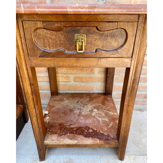 Early 20th Century Walnut Nightstands with Marble, 1940s, Set of 2 For Sale - Image 11 of 18