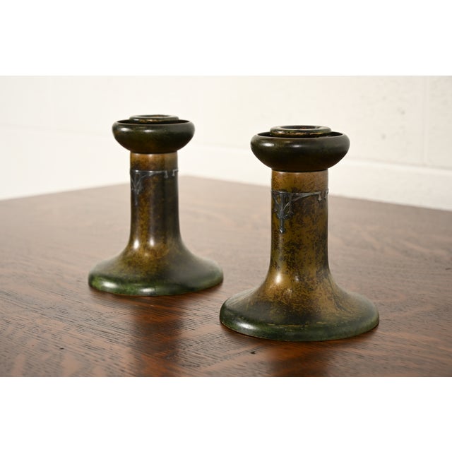 Art Deco Heintz Arts & Crafts Sterling Silver on Bronze Candlesticks, Pair For Sale - Image 3 of 13