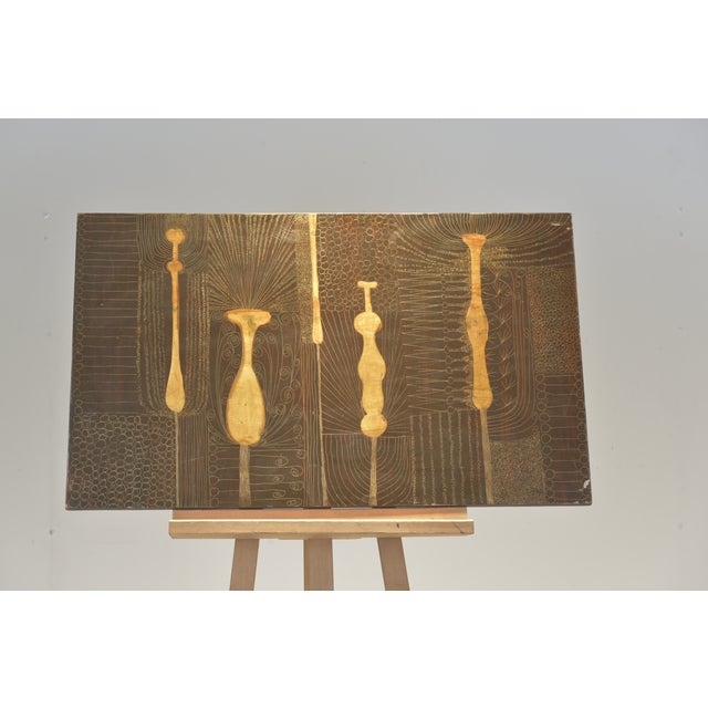 Abstract Plants, Scratch Picture Made of Aluminum Foil, Chipboard Coated with Brownish Clear Varnish For Sale - Image 4 of 6