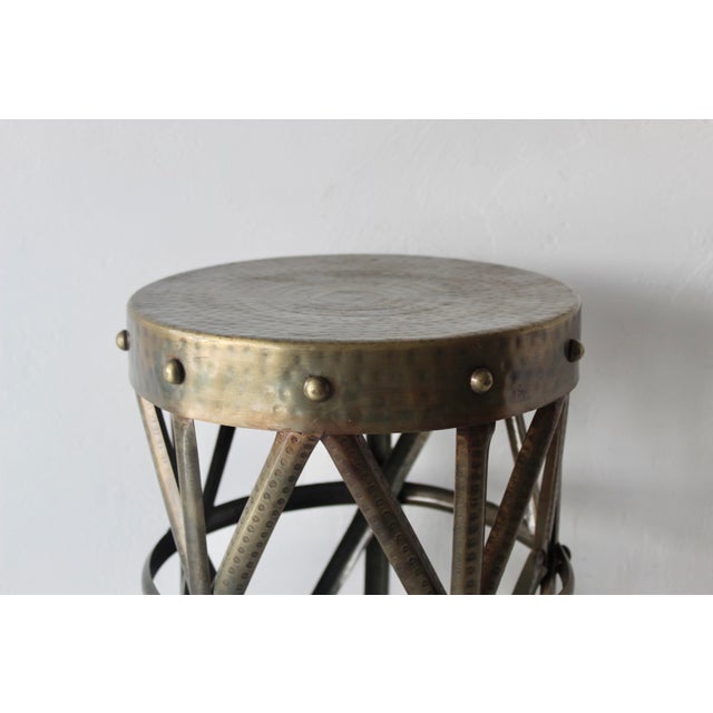 Brass 1980s Sarreid Style Colonial Brass Finish Drum X Table Stool Mid-Century For Sale - Image 8 of 12