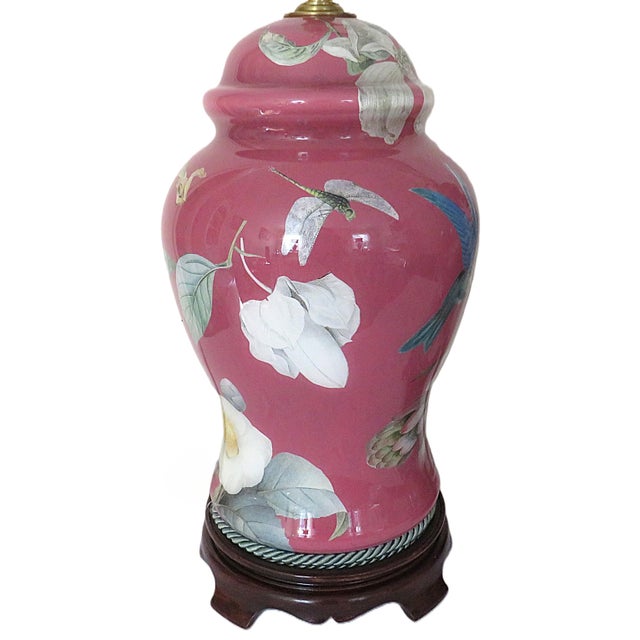 Chinoiserie Pair of Chinoiserie Ginger Jar Table Lamps With Birds Flowers Butterflies Dragonflies For Sale - Image 3 of 9