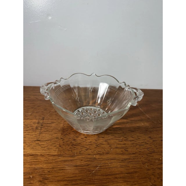 Vintage Clear Pressed Glass Serving Bowl Handles Etched Floral Console Dish For Sale - Image 4 of 11