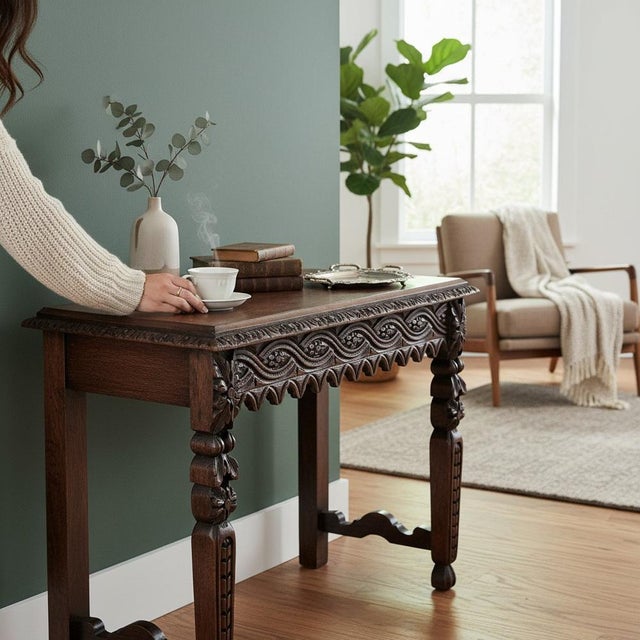 Antique 19th Century Victorian Heavily Carved Oak Writing Table A striking 19th-century Victorian oak writing table,...