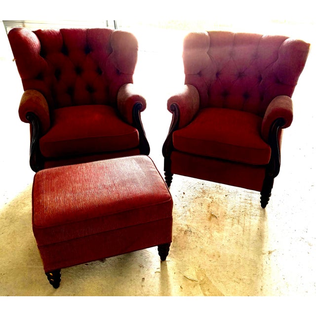 1980s 1980s French Napoleon III Wingback Armchairs and Ottoman For Sale - Image 5 of 12