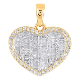 10K Yellow Gold Round Baguette Diamond Heart Pendant 1/2 Cttw For Sale