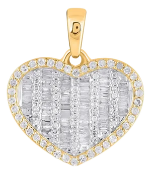10K Yellow Gold Round Baguette Diamond Heart Pendant 1/2 Cttw