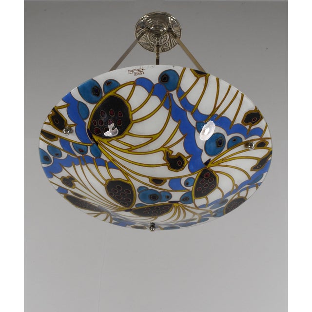 MAXONADE A French 1925-1935 art deco chandelier in nickel plated solid brass or bronze holding a cloisonné enameled bowl...