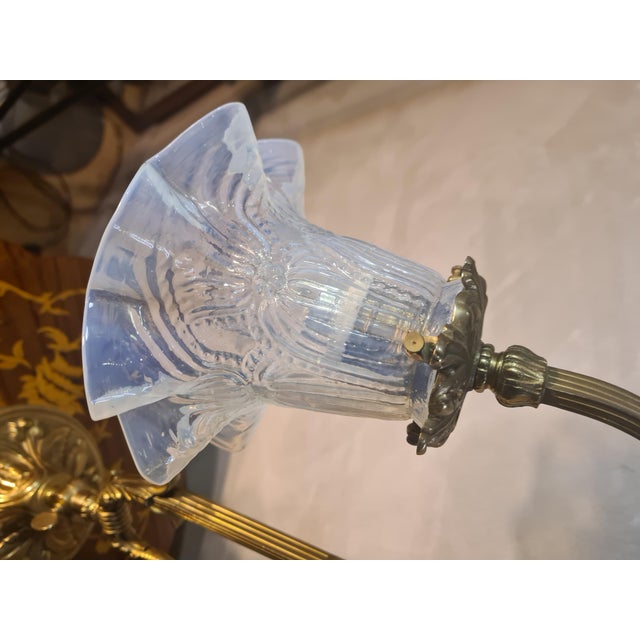 Bronze and Brass Lamp with Molded Opalescent Tulip Shade, 1900s For Sale - Image 6 of 9
