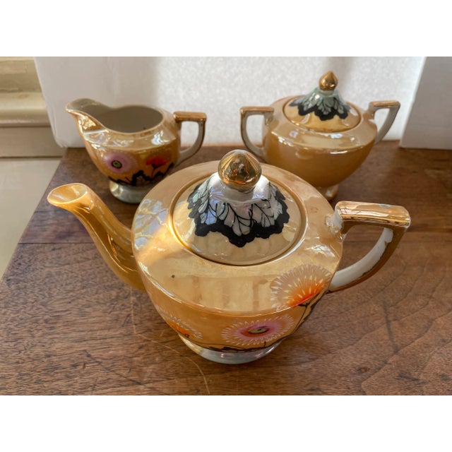 Peach 1920s Japanese Peach Lusterware Floral Tea Set – 30 Pieces For Sale - Image 8 of 9