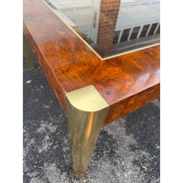 Wood 1970s Burl Wood and Brass Coffee Table With Glass Insets in the Style of Milo Baughman For Sale - Image 7 of 11