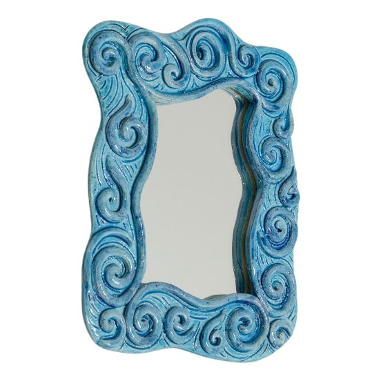 Wall Mirror with Light Blue Ceramic Frame, 1970s For Sale