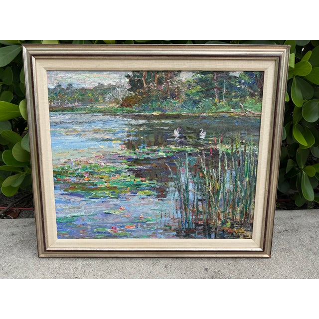 Traditional Lau Chun Water Lily Landscape Oil Painting on Canvas, Framed Impressionist Pond Scene For Sale - Image 3 of 12