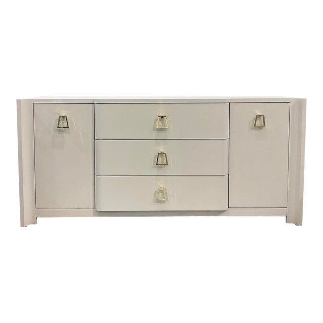 Villa Home Modern Lacquered White Grasscloth Audrey Cabinet For Sale