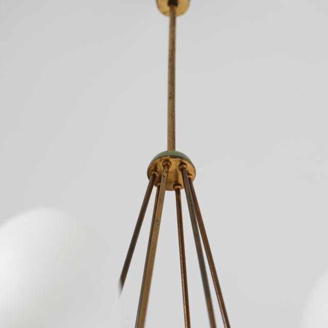 Vintage Italian Chandelier in Brass with Green-Lacquered Metal and Opaline Glass, 1950s For Sale - Image 9 of 12