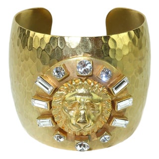 Gerard Yosca Gold Plate & Rhinestone Cuff Bracelet With Lion Motif For Sale