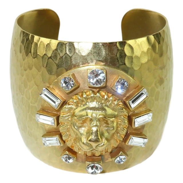 Gerard Yosca Gold Plate & Rhinestone Cuff Bracelet With Lion Motif For Sale