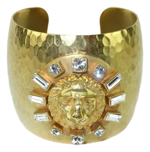 Gerard Yosca Gold Plate & Rhinestone Cuff Bracelet With Lion Motif