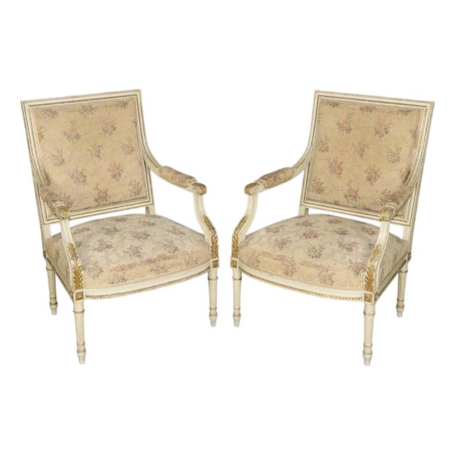 Pair French Louis XVI Style Parcel Gilt Armchairs For Sale