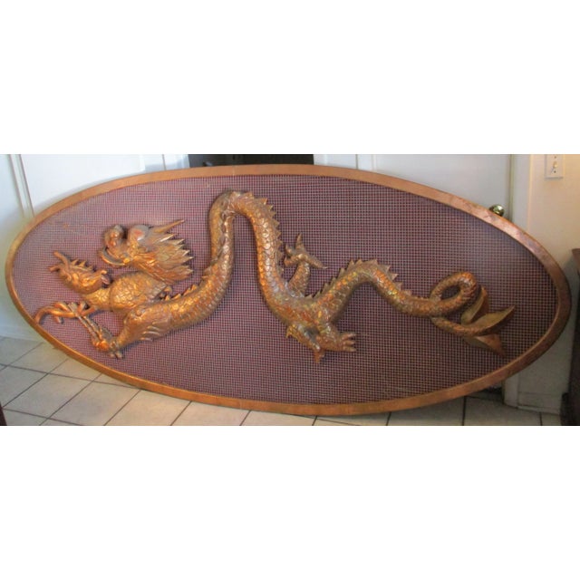 Vintage Large Chinese Cheerful Dragon Relief Sculpture Plaque Movie Prop 120"W x 49"H x 5"D He is holding a bowl of...