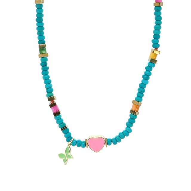 Lucky Heart & Butterfly Turquoise Charm Necklace For Sale - Image 9 of 9
