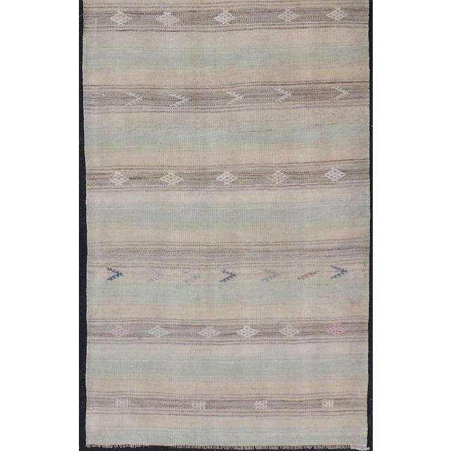 Measures: 2'8 x 10'10 Vintage Turkish Kilim Runner with Soft Beige and Muted Pastel Stripes. Keivan Woven Arts /...