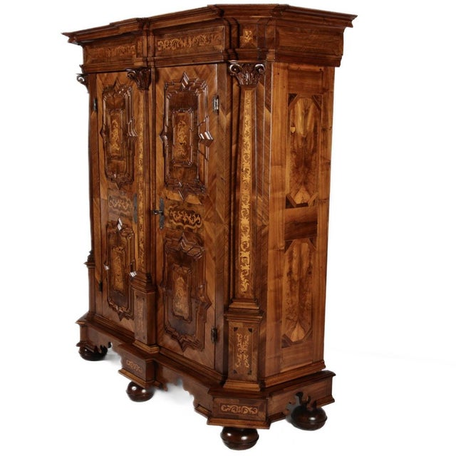 Baroque Antique Baroque Walnut Cabinet with Pilasters, Corinthian Capitals and Inlays, Vienna, Austria, 1750s For Sale - Image 3 of 18