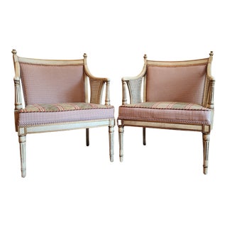 Set of 2 Louis XVI Style Bergere Chairs With Cane Sides and Antique French Painted Finish For Sale
