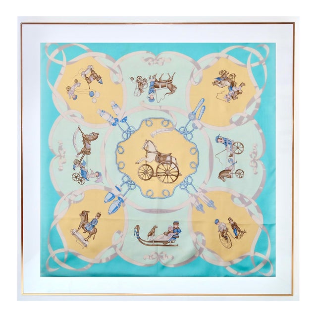 1980s Framed Hermès Silk Scarf "Les Jouets Mobiles" by Nina Von Bistram - Orange Gold Frame For Sale