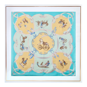 1980s Framed Hermès Silk Scarf "Les Jouets Mobiles" by Nina Von Bistram - Orange Gold Frame
