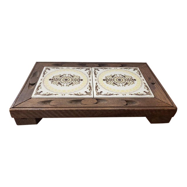 Vintage Rectangular Footed Wood and Tile Trivet, Made in Mexico For Sale