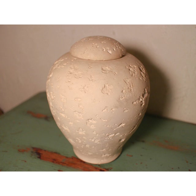 Striking 1983 postmodern lidded jar or urn by Jaru of California. Featuring a heavily textured, brutalist-inspired faux...