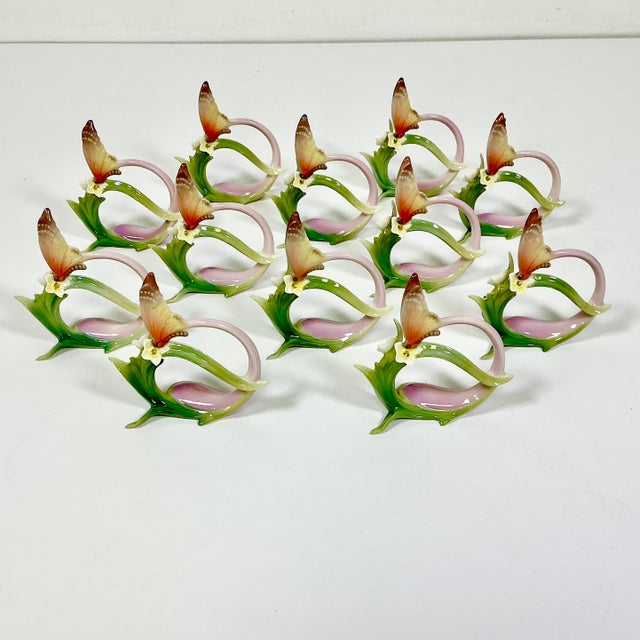 Art Nouveau Vintage Minimalist Japanese Hollywood Regency Majolica Butterfly Flora Porcelain Napkin Rings - Set of 12 For Sale - Image 3 of 18