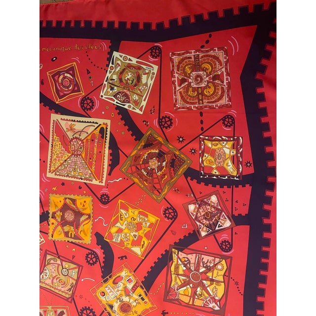 2000 - 2009 HERMES MÉCANIQUE des IDÉES red silk scarf designed Henry Christine 2004 France For Sale - Image 5 of 14