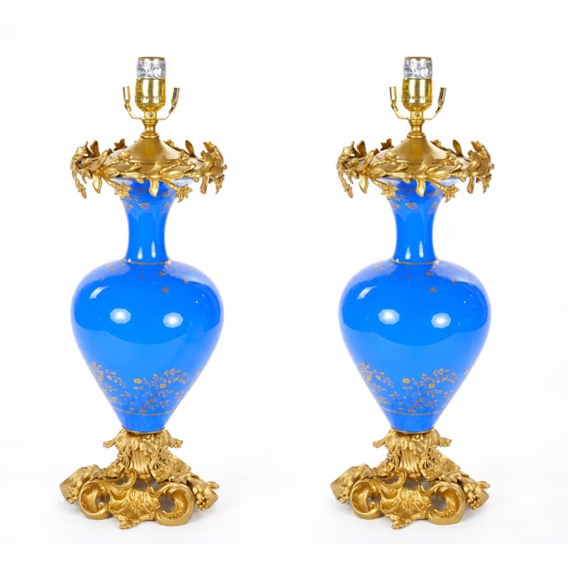 French Antique French Painted Glass Table Lamps Gilt Bronze Mounts - Pair For Sale - Image 3 of 12