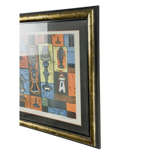 Irving Amen “Chess Board” Mid-Century Modern Signed Color Woodcut For Sale - Image 9 of 12