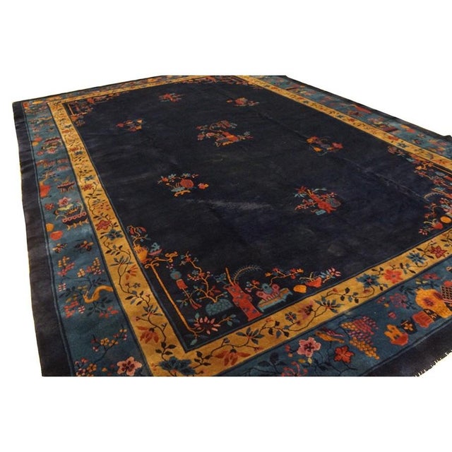 1920s 1920s Antique Chinese Art Deco Wool Floral Manchester Blue Hand Knotted Rug For Sale - Image 5 of 9