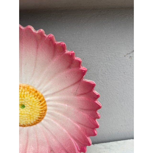 French Country 19th Century French Majolica Pink Daisy Plate Delphin Massier For Sale - Image 3 of 5