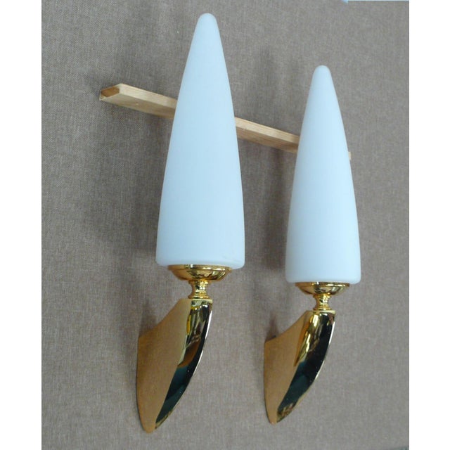 Set of 2 wall lamps, elegant white long cone glass shades on a beautiful brass wall bracket with a bulb socket for e14...