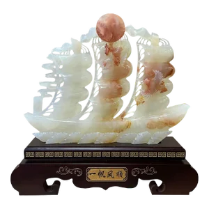 Chinese White Jade Stone Flags Ship Vessel Fengshui Display Figure