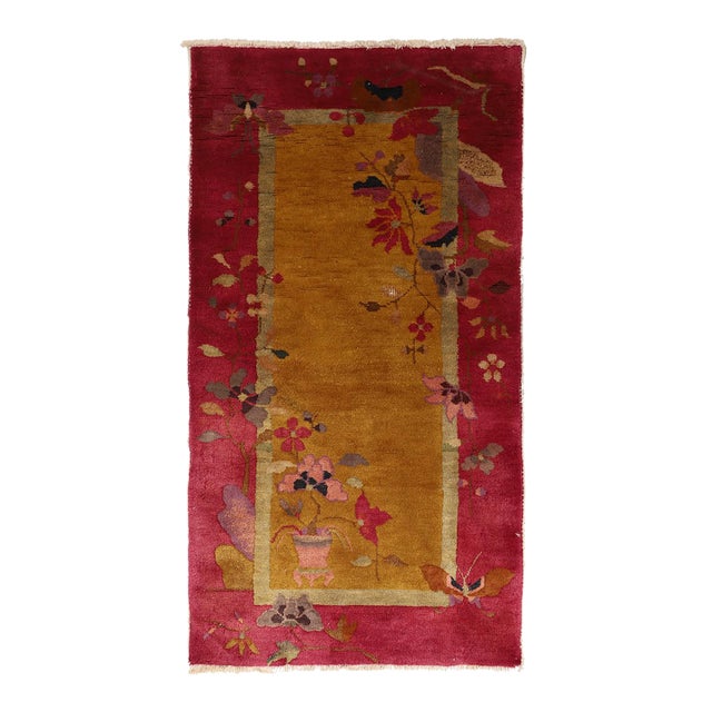 1930s Chinese Art Deco Hand-Knotted Red & Golden Wool Rug For Sale