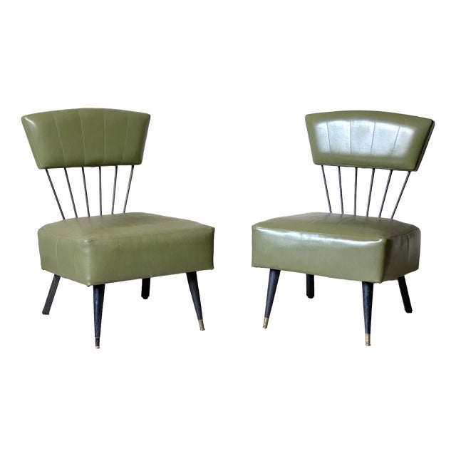 Vintage Lounge Chairs in Metal and Green Faux Leather, 1960s, Set of 2 For Sale
